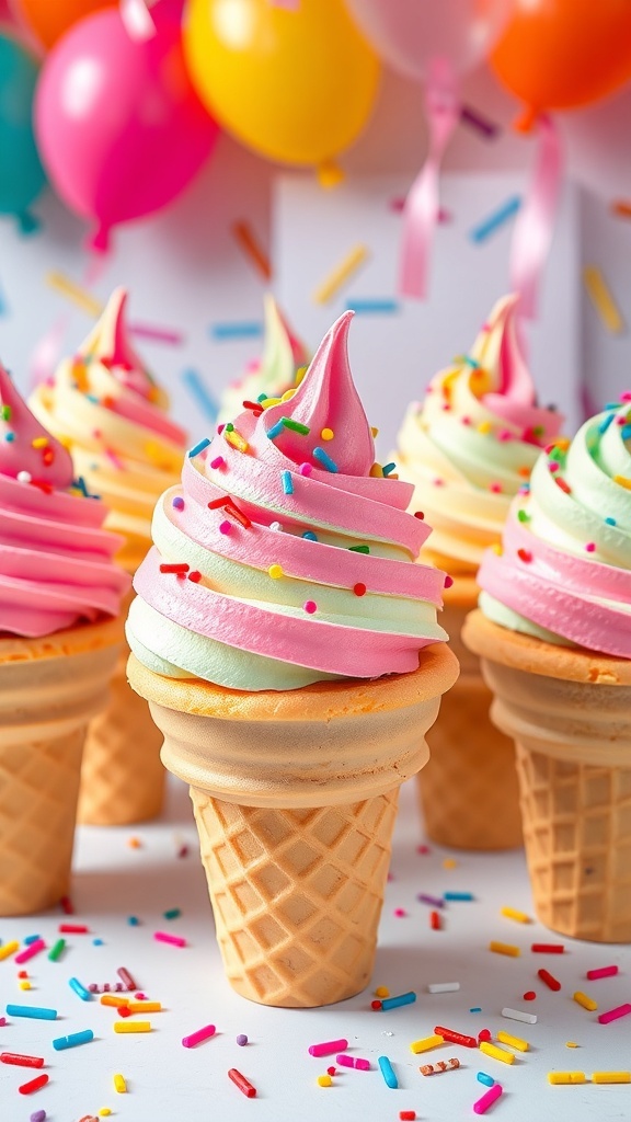 Ice Cream Cone Cupcakes Recipe Ice cream cone cupcakes with colorful frosting and sprinkles, displayed in a cheerful party setting.